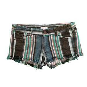 O'Neill Blue and Green Striped Jean Shorts Distressed Fringe (Size XS)